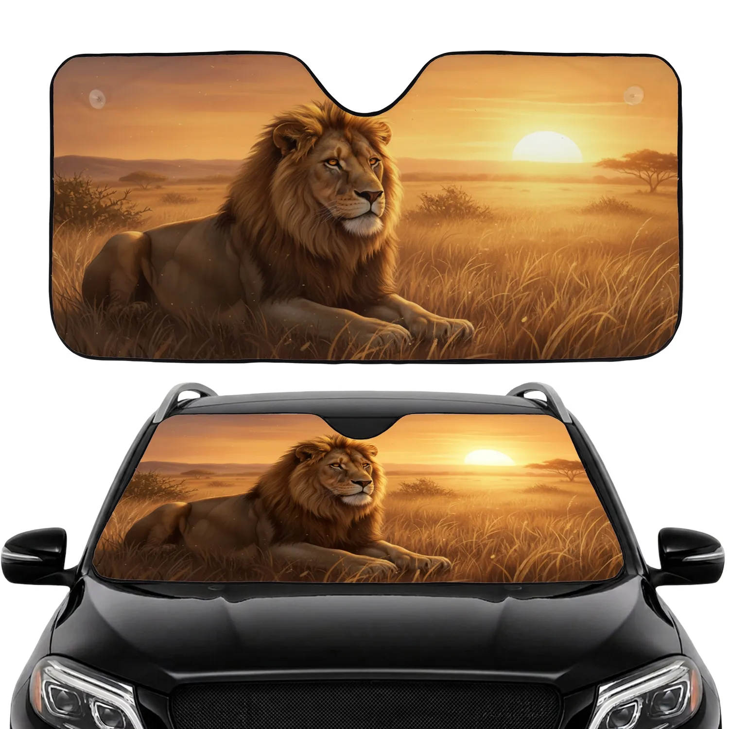 Majestic Adult Male Lion Golden Sunset African Savanna Wildlife Lover Gift Car Sunshade - 1