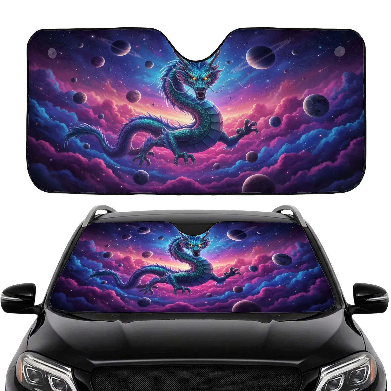 Iridescent Eastern Dragon Planets Stars Cosmic - Car Shade for Dragon Lover Car Sunshade - 1