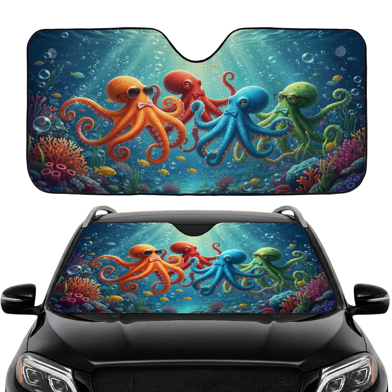 Four Octopuses Deep Sea Coral Fish - Car Interior Upgrade Car Sunshade - 1