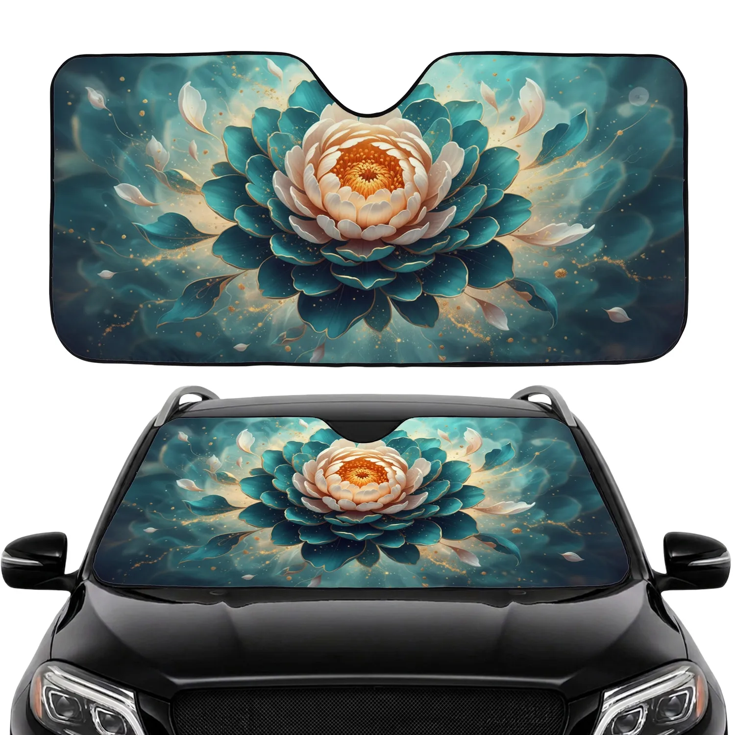 Peony Blossom Flower Teal Aqua Gold Luminous Petals & Marble Patterns Car Interior Upgrade Car Sunshade - 1