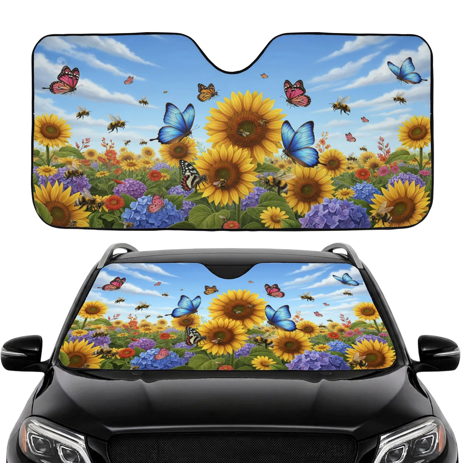 Lush Sunflowers Wildflowers Butterflies Bees Clouds - Road Trip Gift Car Sunshade - 1