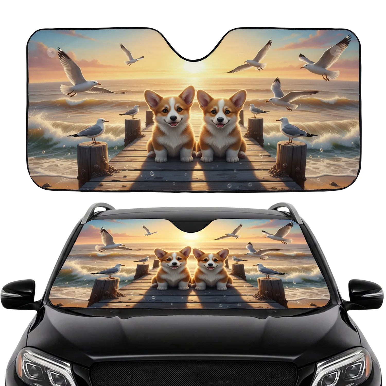 Fluffy Corgi Puppies Golden Sunset Ocean Waves - Commute Accessory for Dog Lovers Car Sunshade - 1