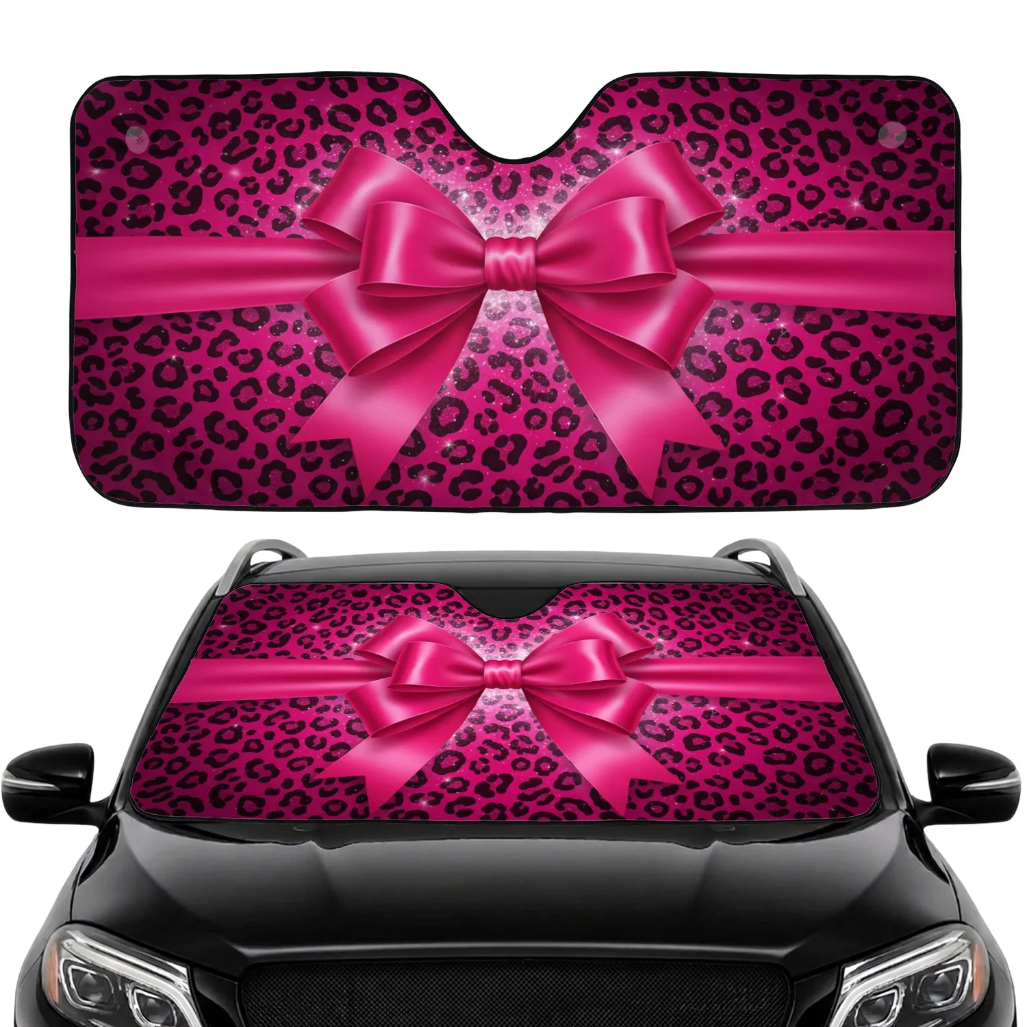 Hot Pink Satin Ribbon Bow Fuchsia Black Leopard Spots - Car Interior Upgrade Car Sunshade - 1