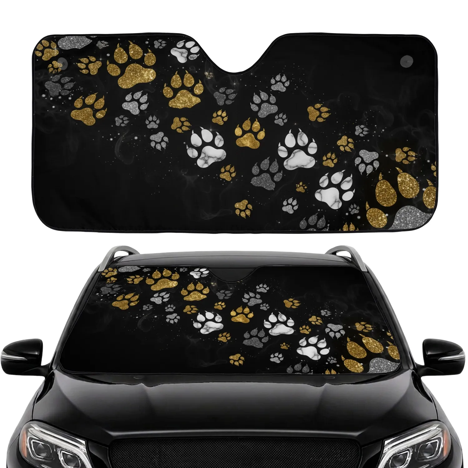 Shimmering Silver Gold Paw Prints - Car Interior Upgrade Road Trip Accessory Car Sunshade - 1