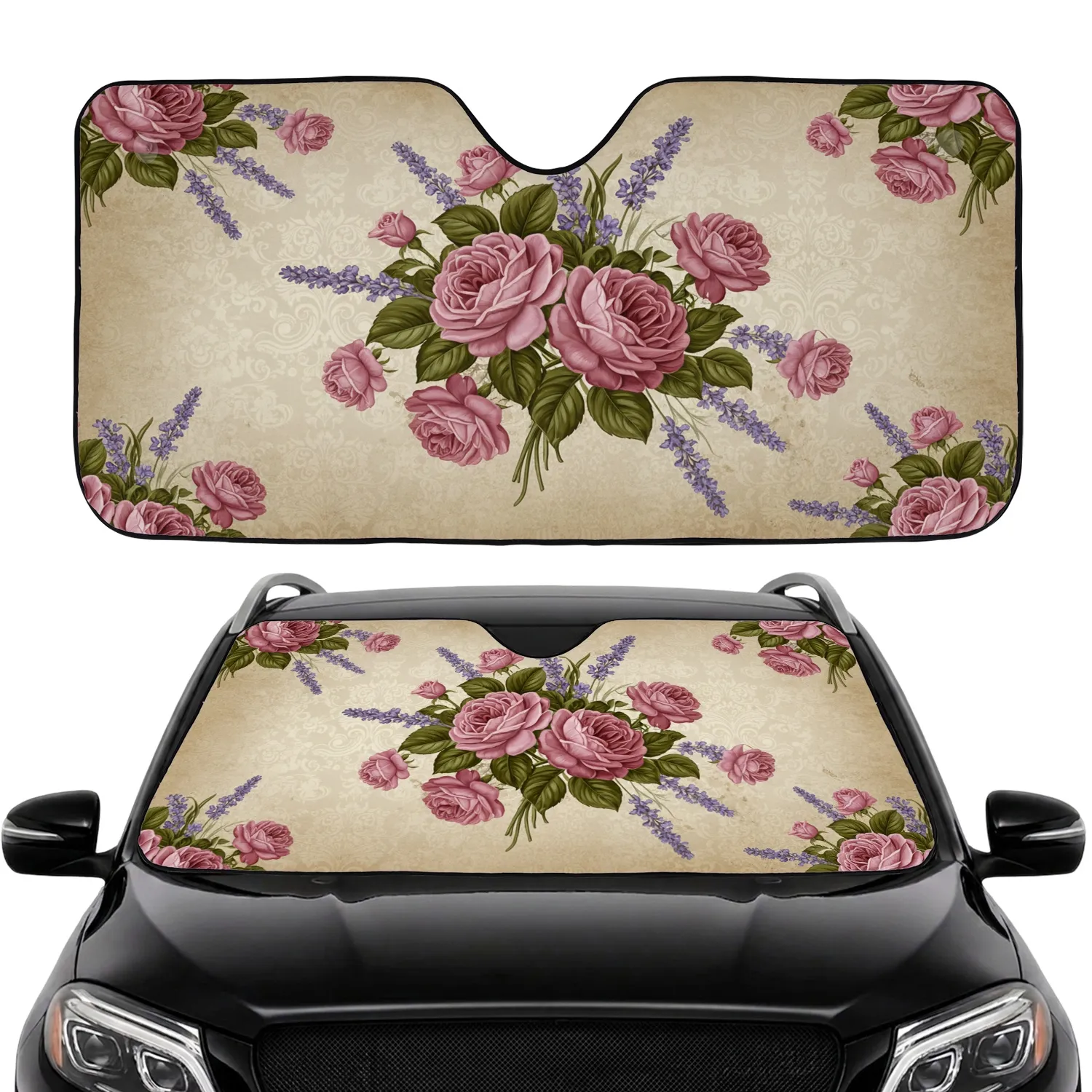 Antiqued Beige Gold Roses Lavender Rococo Floral - Car Interior Upgrade Car Sunshade - 1
