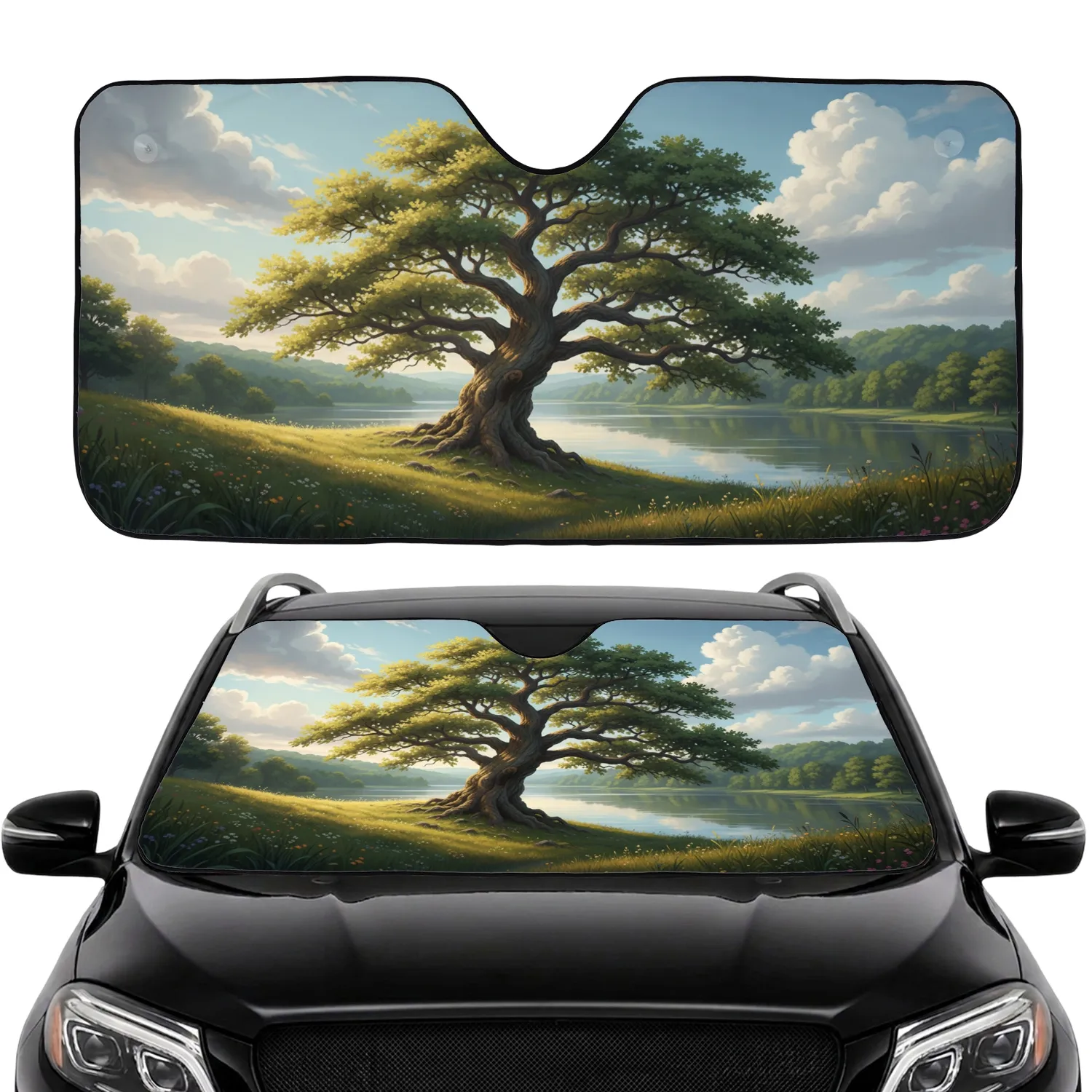 Ancient Oak Tree Reflective Lake Green Hills - Car Interior Upgrade Commute Accessory Car Sunshade - 1
