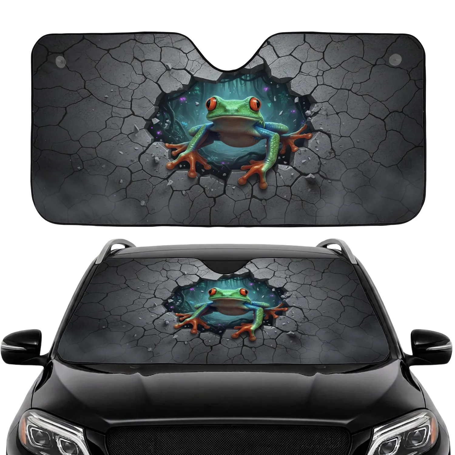 Red-Eyed Tree Frog Cracking Stone Wall - Car Interior Upgrade Car Sunshade - 1