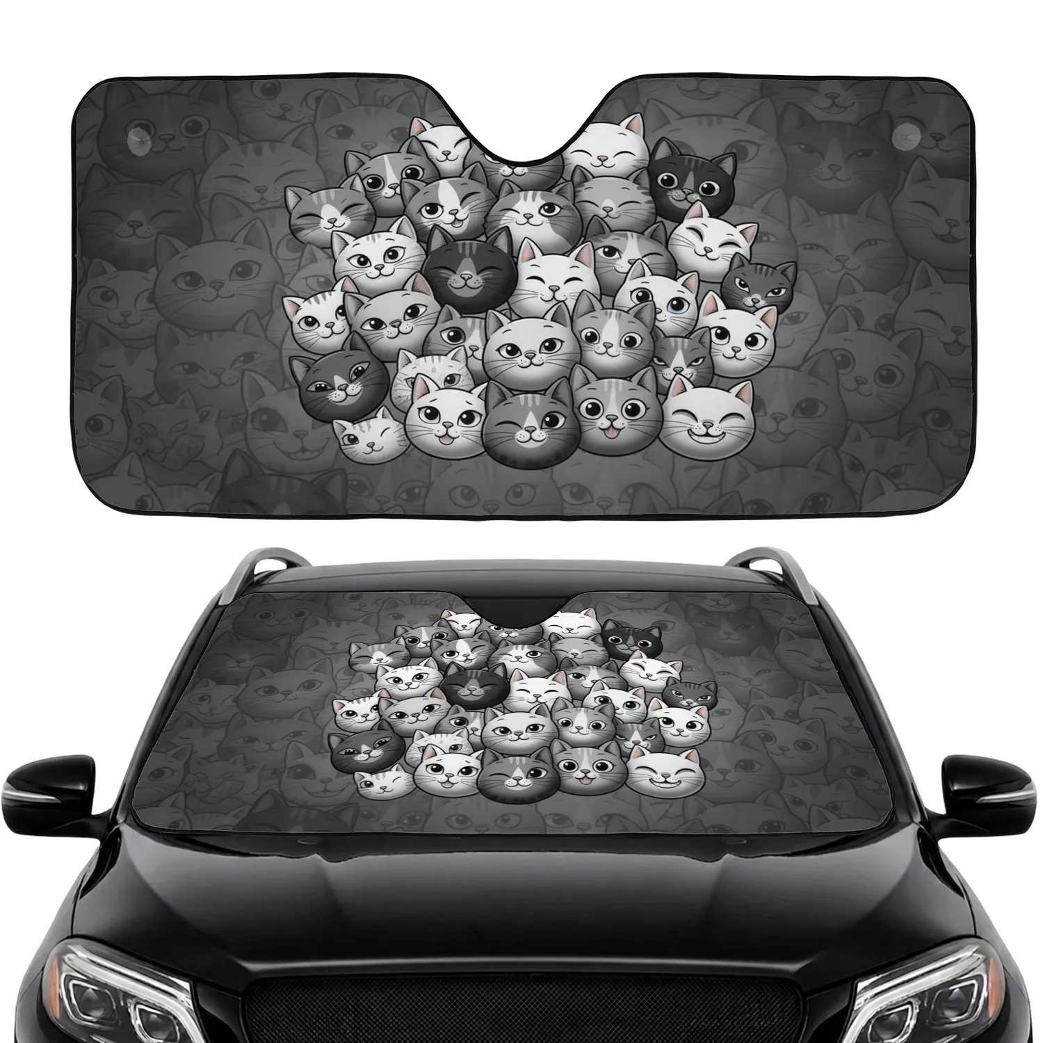 Dense Stylized Cartoon Cat Faces - Road Trip Car Accessory for Cat Lovers Car Sunshade - 1