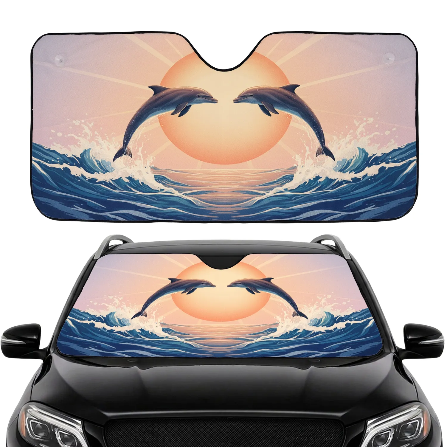 Majestic Dolphins Leaping Cresting Ocean Waves Radiant Sunset - Road Trip Gift Car Sunshade - 1