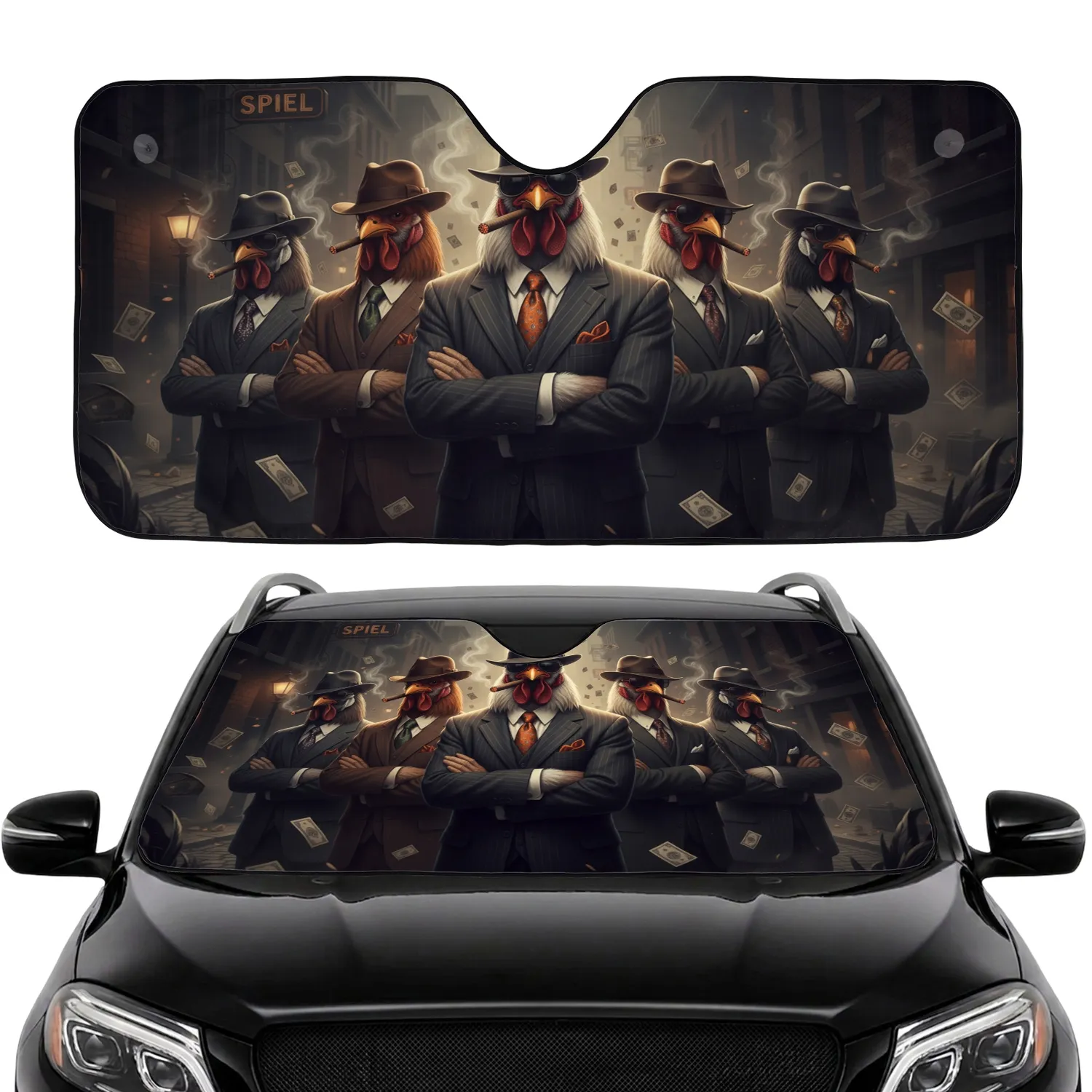 Cigar Smoking Rooster Gangsters Pinstripe Suit Car Interior Upgrade Car Sunshade - 1