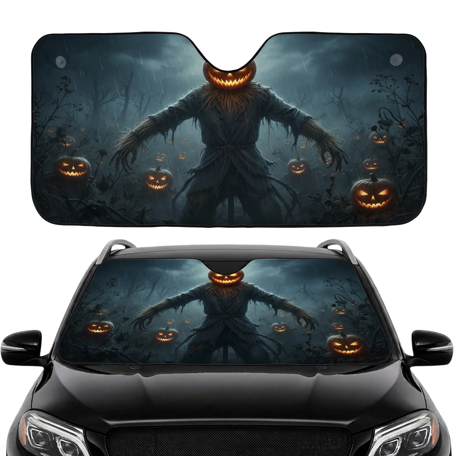 Scarecrow Jack-o'-Lantern Horror Stormy Night - Halloween Road Trip Gift Car Sunshade - 1