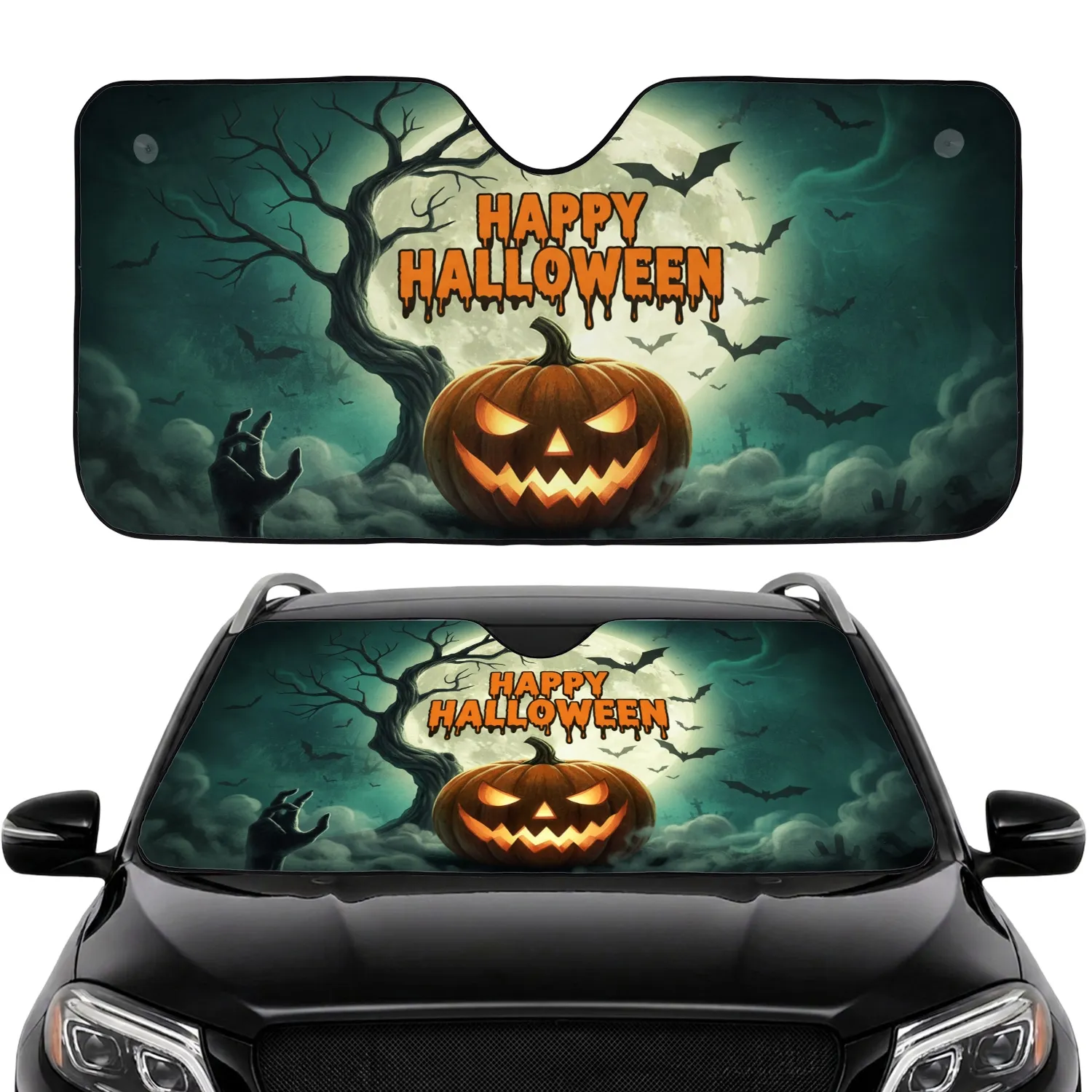 Happy Halloween Grinning Jack-o'-lantern Full Moon Bats Road Trip Accessory Car Sunshade - 1