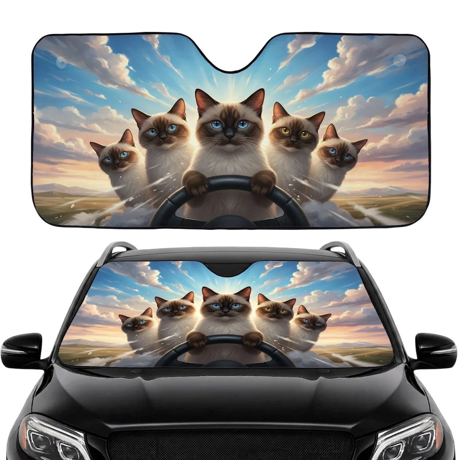 Blue Eyed Siamese Cats Steering Wheel Adventure - Road Trip Commute Accessory Car Sunshade - 1