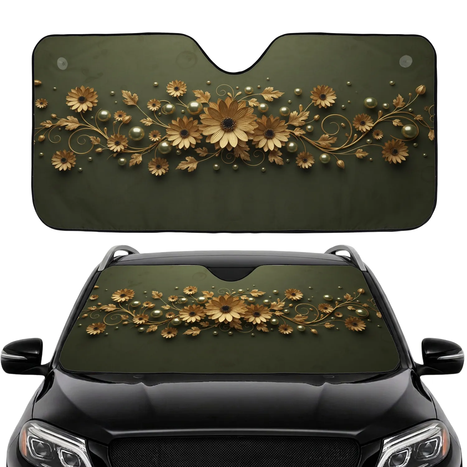 Olive Green Golden Metallic Flowers Vines Pearl Cluster Car Interior Upgrade Car Sunshade - 1