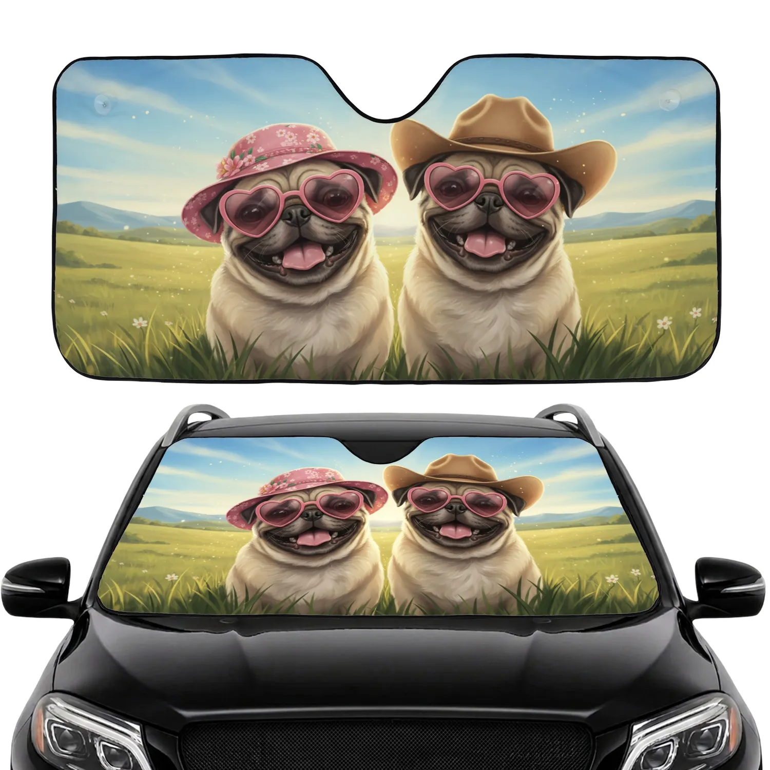 Pugs Pink Sunglasses Cowboy Hats Scenic Landscape - Road Trip Gift for Dog Owners Car Sunshade - 1