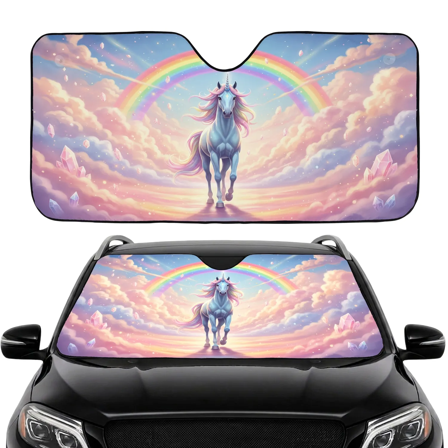 Majestic Unicorn Pastel Mane Rainbow Clouds Sparkling Crystals Car Interior Upgrade Car Sunshade - 1