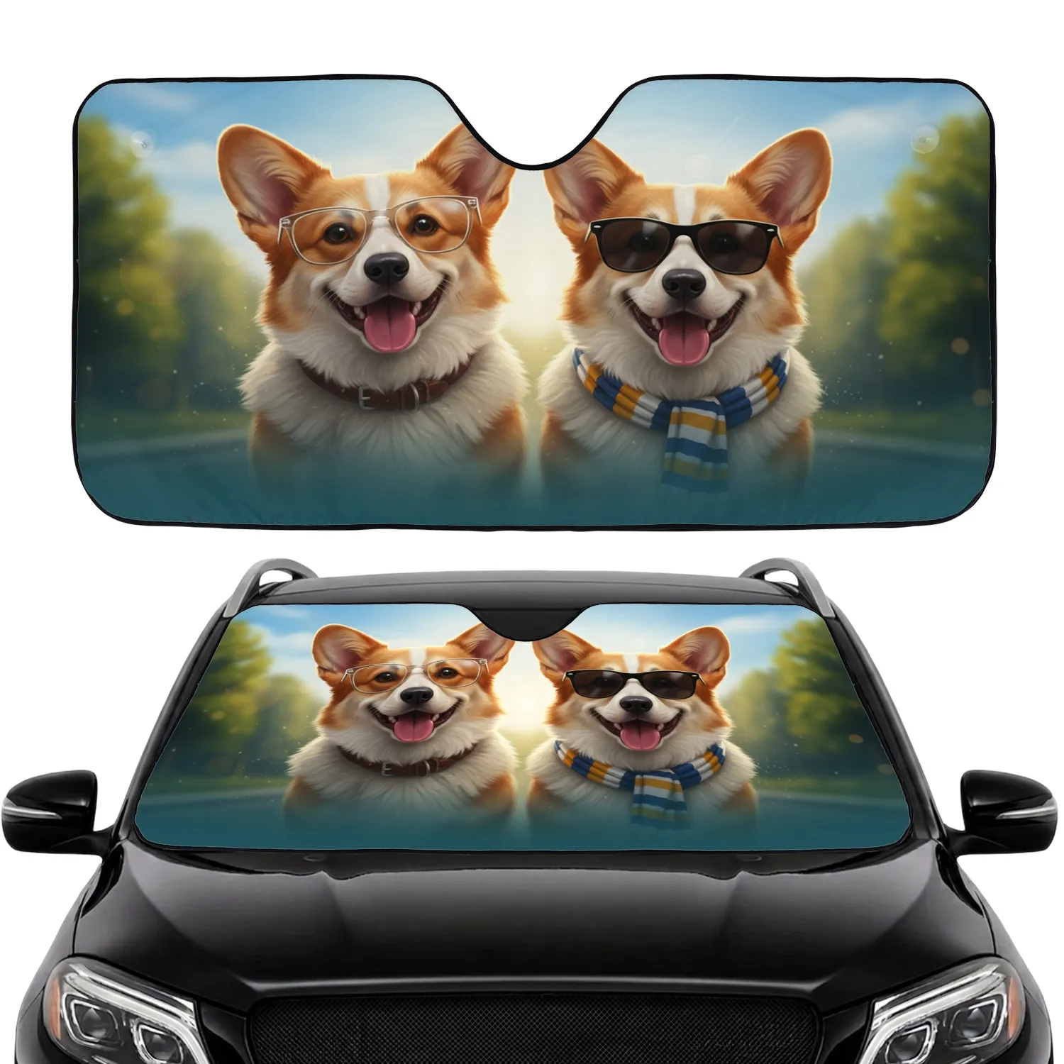 Pembroke Welsh Corgi Dogs Eyeglasses Sunglasses Scenic Drive - Road Trip Gift for Corgi Lovers Car Sunshade - 1
