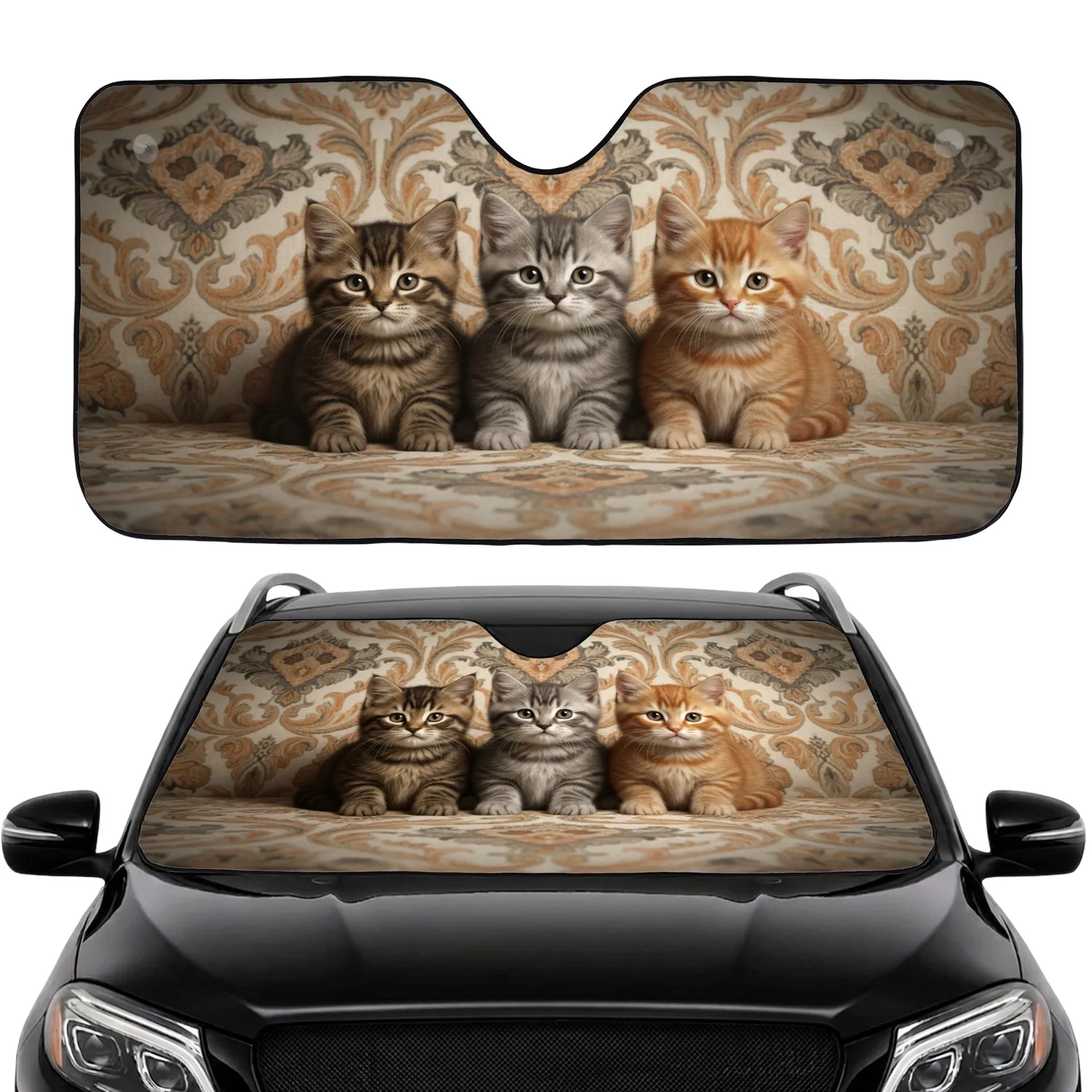 Three Tabby Kittens Vintage Upholstery Fabric - Cozy Car Interior Upgrade Cat Lover Gift Car Sunshade - 1