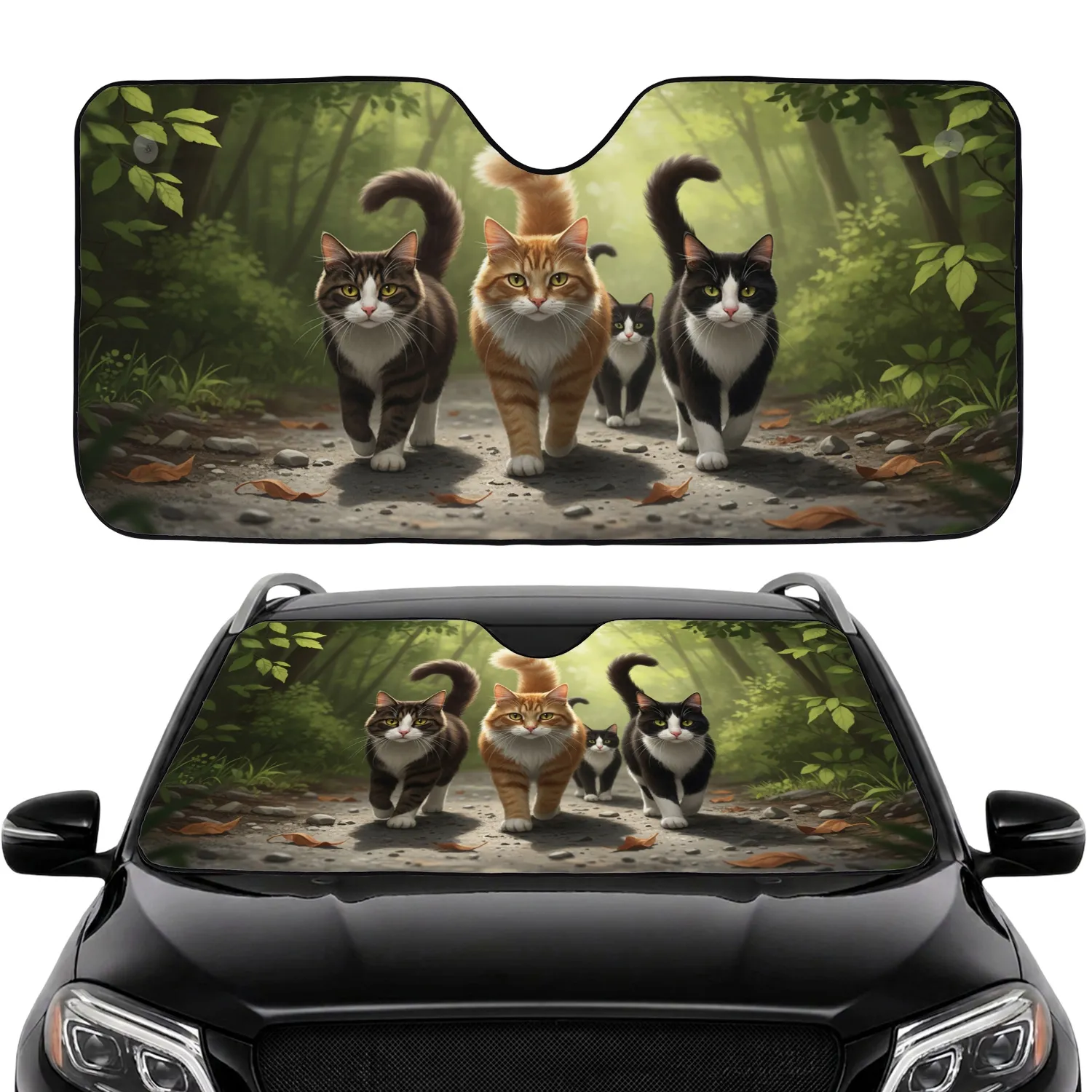 Lifelike Curious Domestic Cats Forest Path Car Interior Upgrade for Cat Lover Car Sunshade - 1