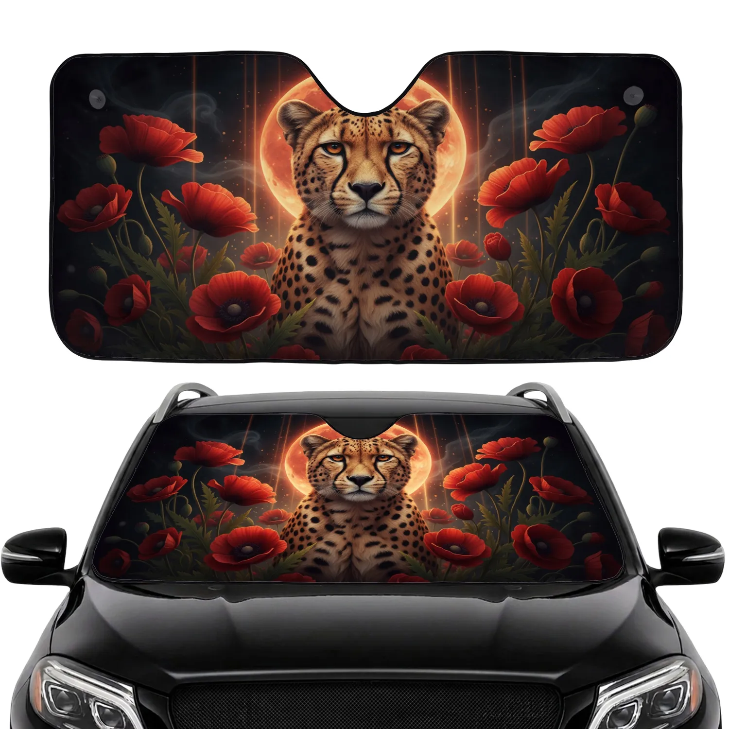 Majestic Cheetah Poppy Moon Leaves - Road Trip Gift for Wildlife Lovers Car Sunshade - 1