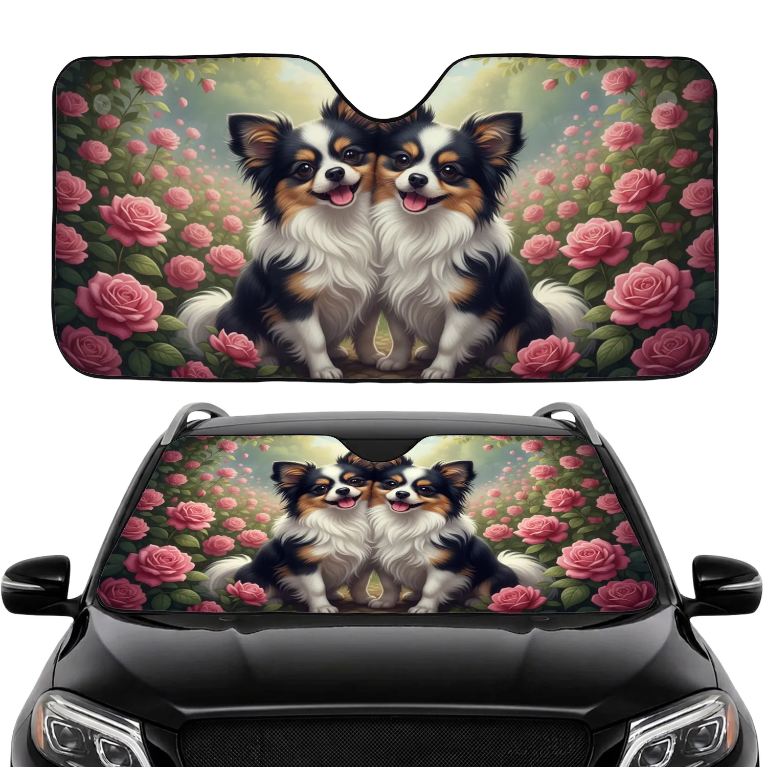 Fluffy Small Dogs Pink Roses Sunlit Garden - Car Interior Upgrade Dog Lover Gift Car Sunshade - 1
