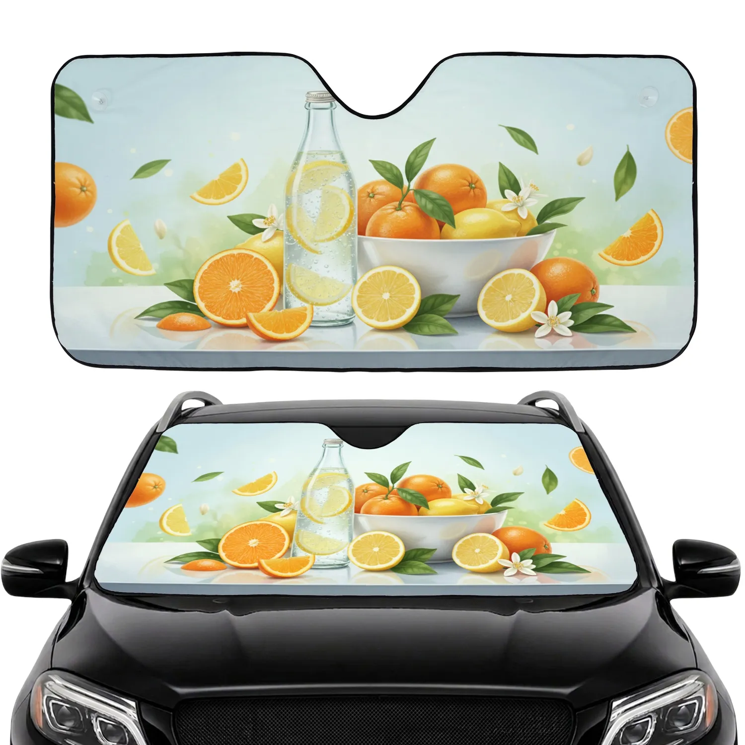 Sparkling Water Lemon Orange Bowl Green Leaves Car Interior Upgrade Car Sunshade - 1