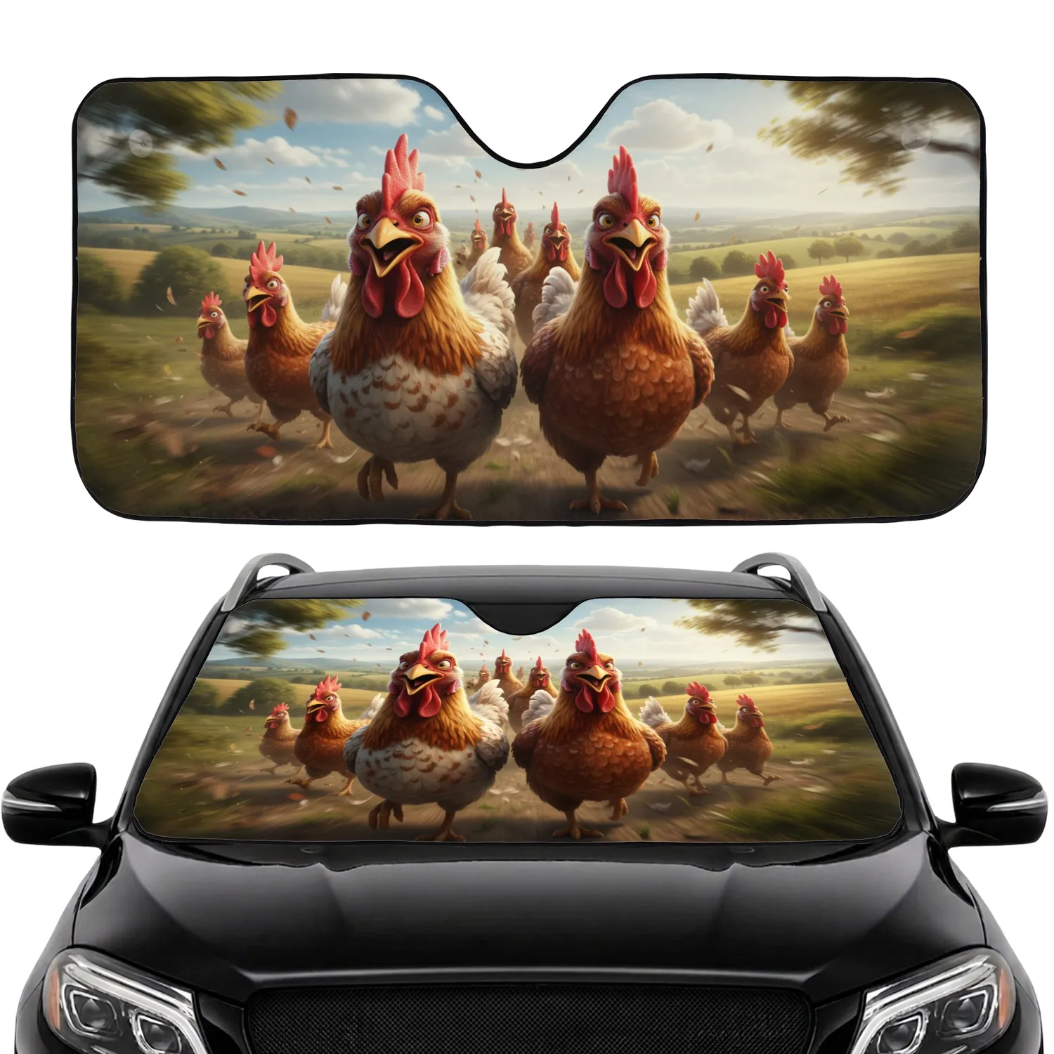 Comical Chickens Open Road Journey Rolling Green Hills & Blue Sky Travel Essentials Car Sunshade - 1
