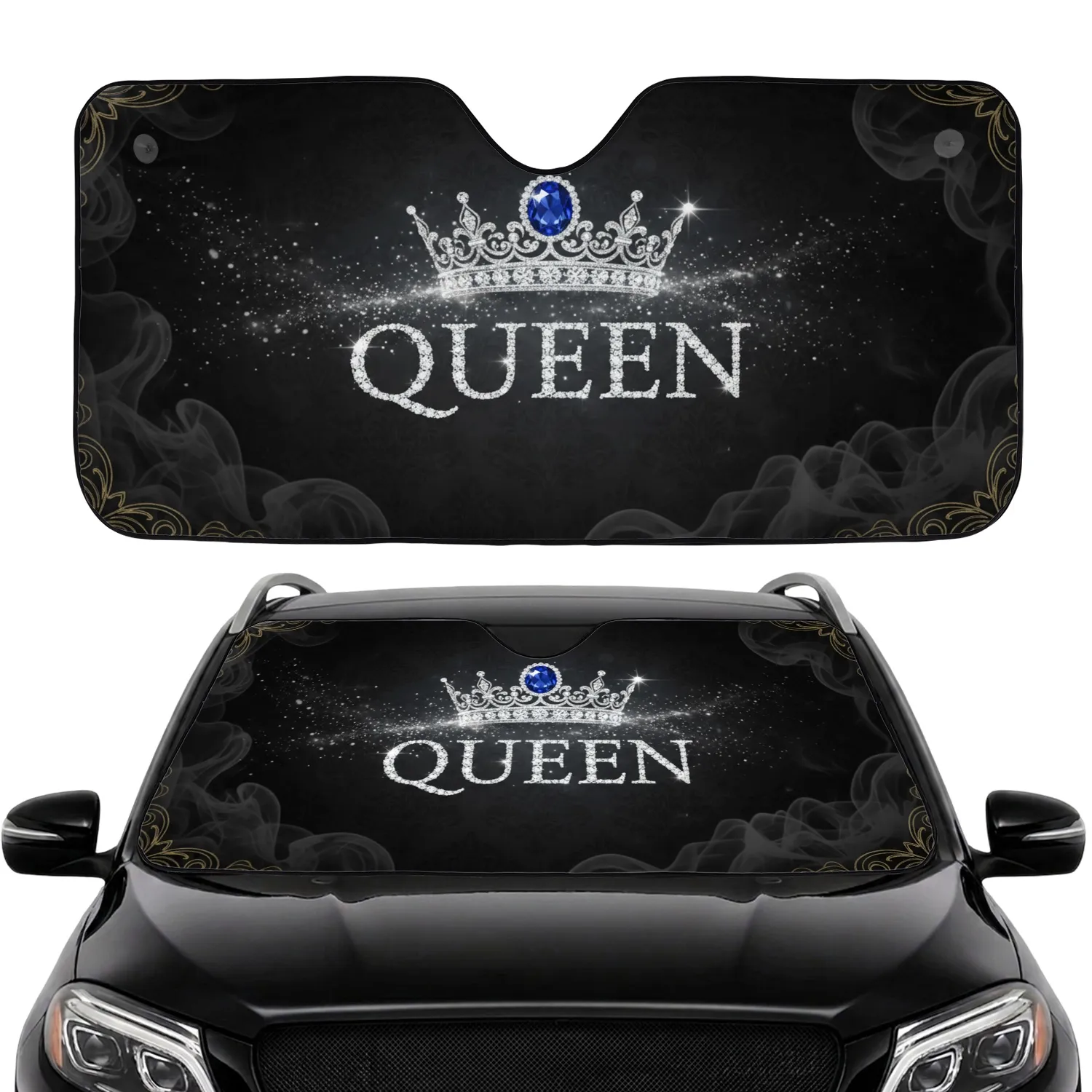 Royal Diamond Sapphire Crown QUEEN Stardust Baroque Damask Car Interior Upgrade Car Sunshade - 1