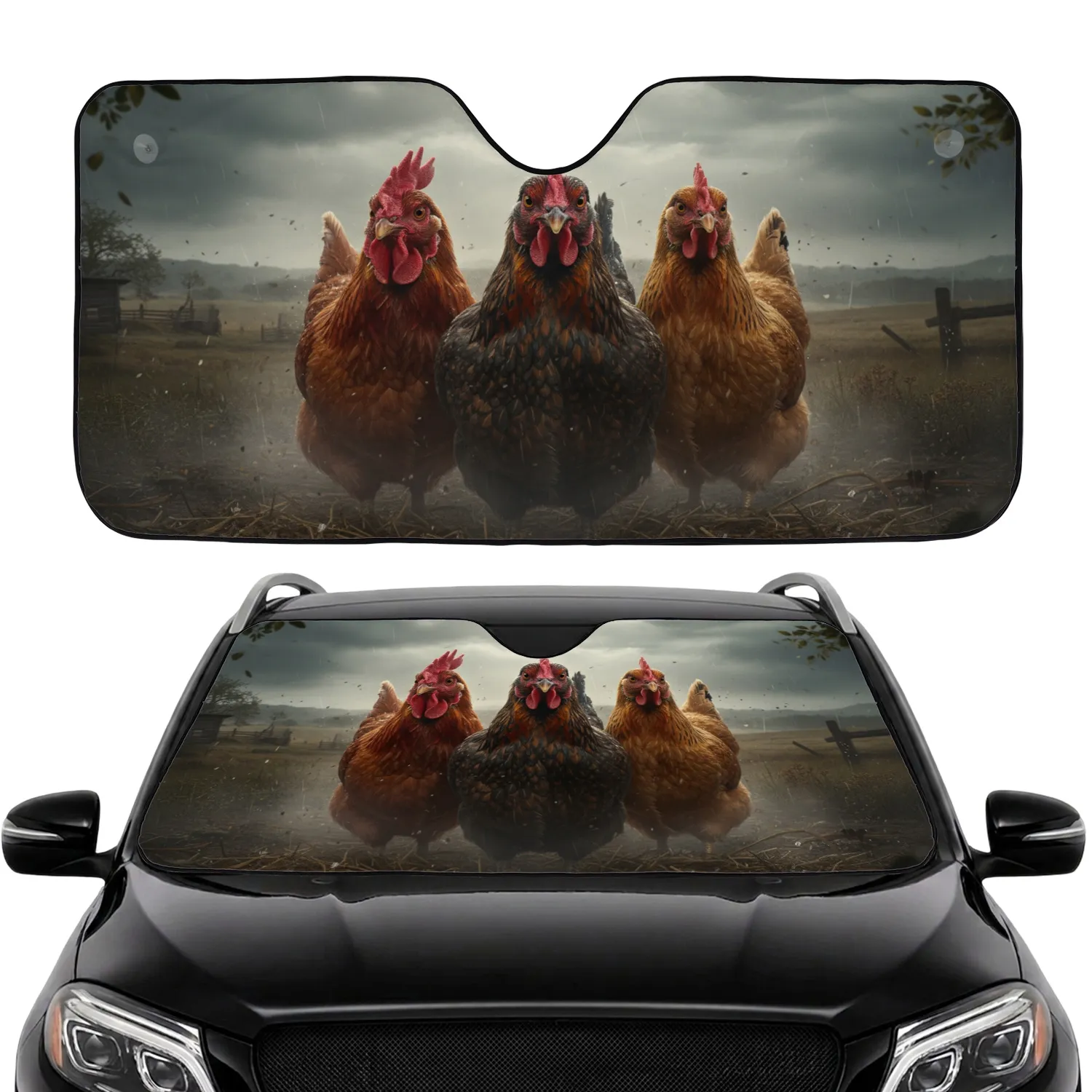 Three Realistic Chickens Rural Farm - Road Trip Gift for Chicken Lovers Car Sunshade - 1