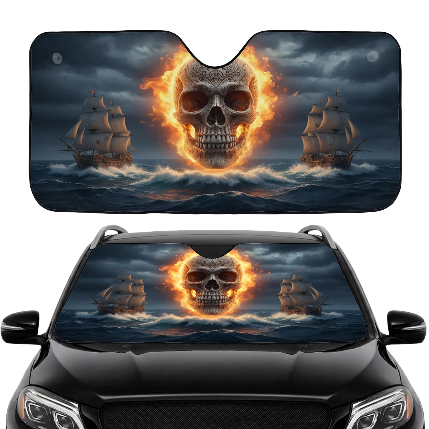 Fiery Skull Galleon Stormy Sea - Car Interior Upgrade Car Sunshade - 1