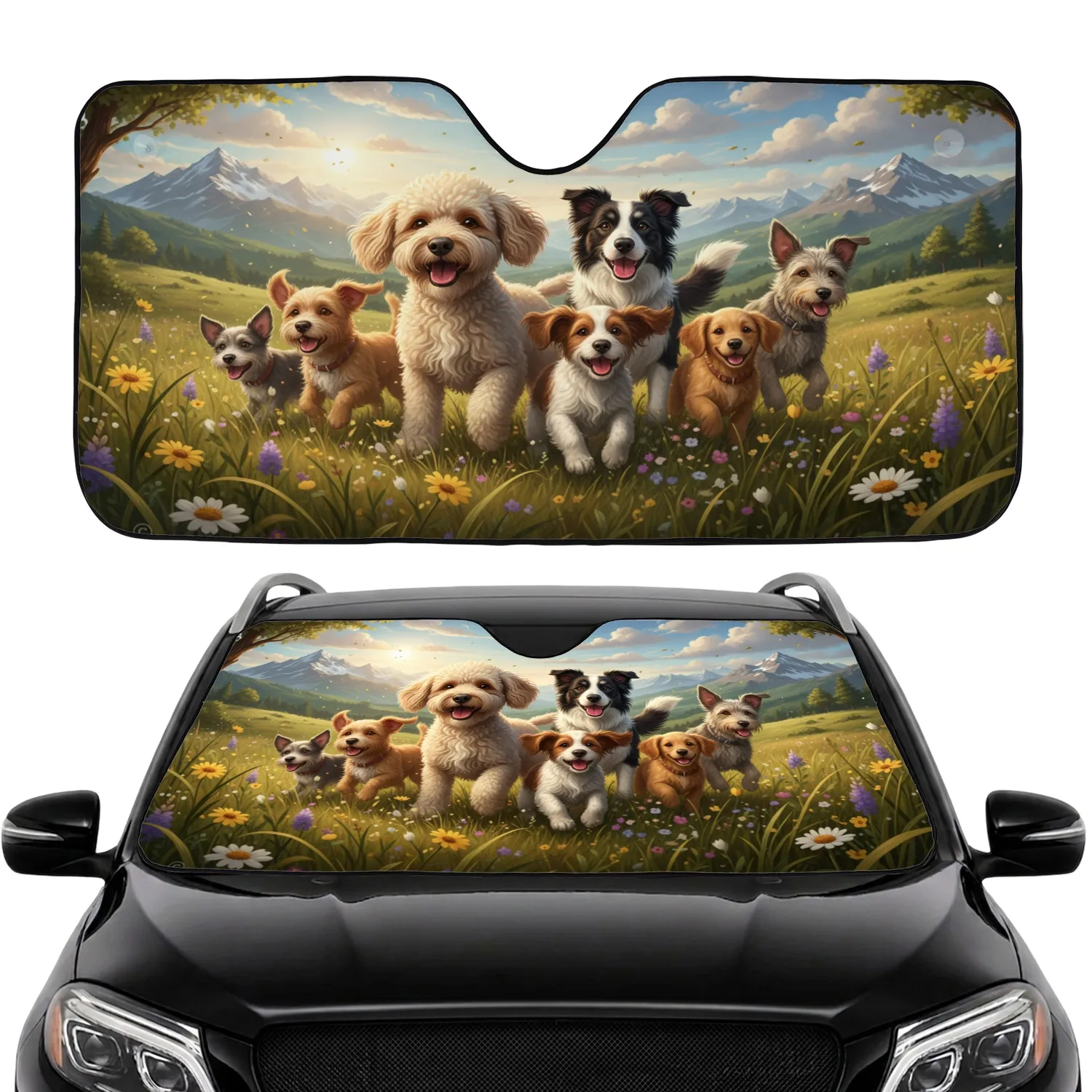 Poodle Mix Border Collie Spaniel Mix Dogs Wildflower Mountain Landscape Car Upgrade for Dog Lovers Car Sunshade - 1
