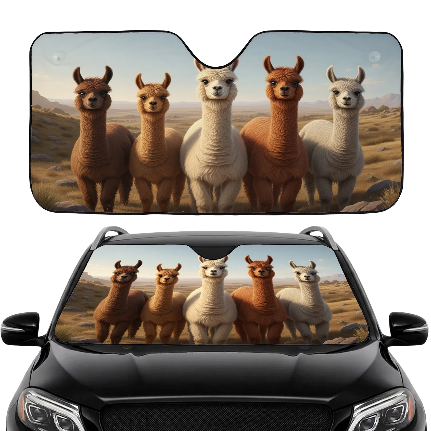 Five Curious Alpacas Sun-Drenched Plains Landscape - Travel Essentials Car Interior Upgrade Car Sunshade - 1