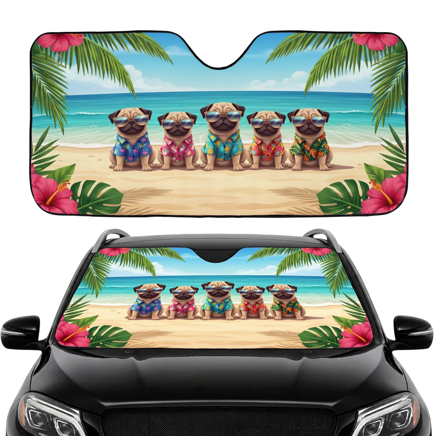 Pugs on Beach Tropical Swim Shirts Sunglasses - Road Trip Gift for Pug Lovers Car Sunshade - 1