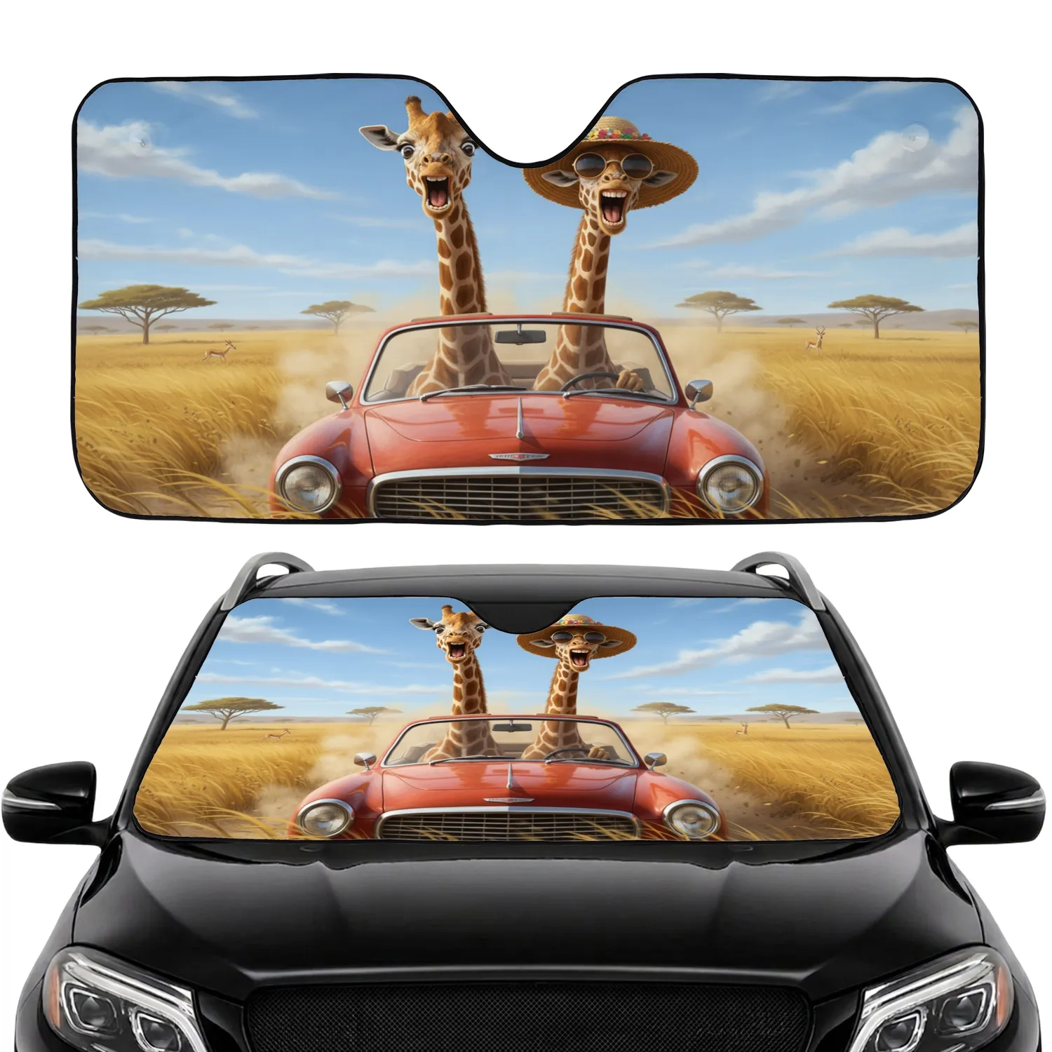 Giraffes Straw Hat Glasses Red Convertible Car Golden Savanna Safari Road Trip Gift Car Sunshade - 1