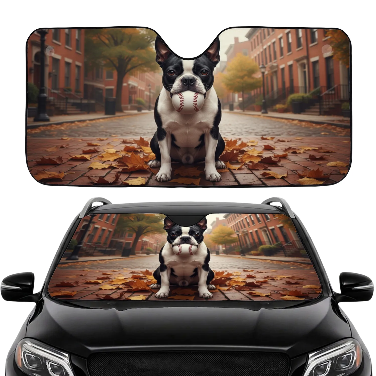 Boston Terrier Dog Baseball Autumn Urban Scene - Car Interior Upgrade Dog Lover Gift Car Sunshade - 1