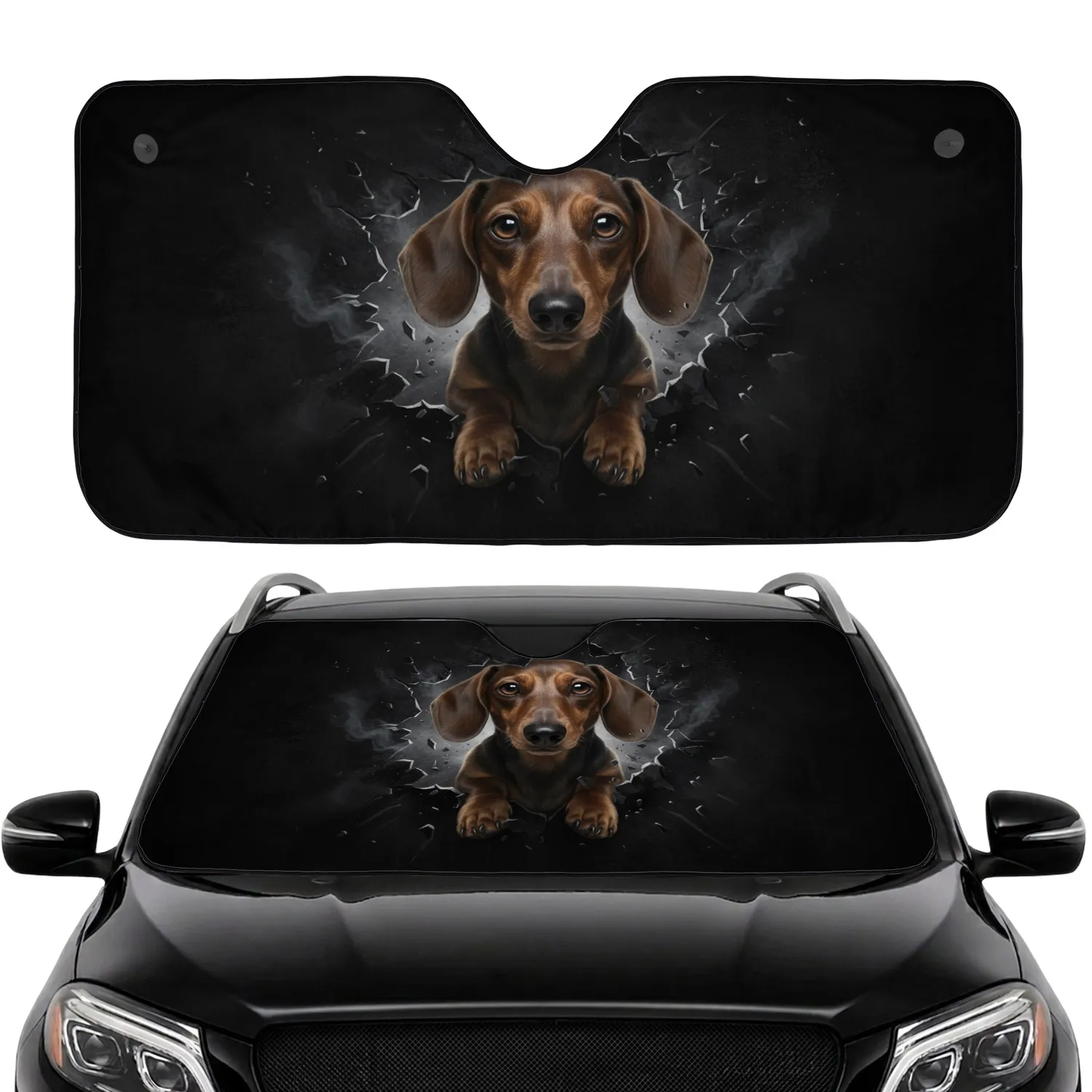 Dachshund Dog Tearing Dark Surface with Claw Marks - Car Interior Upgrade for Dachshund Owners Car Sunshade - 1