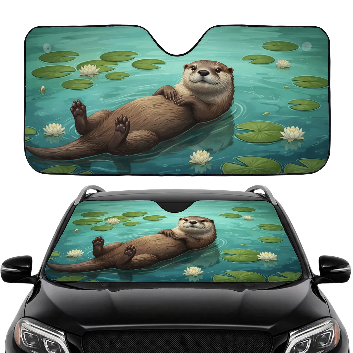 Floating River Otter Water Lily Pond - Travel Essentials Wildlife Lover Gift Car Sunshade - 1
