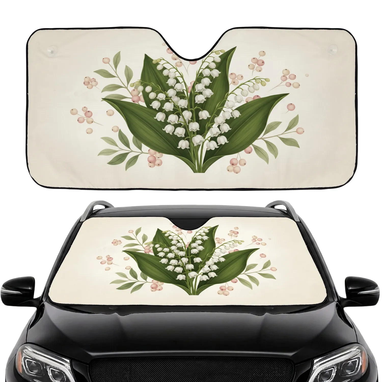 White Lily of the Valley Flowers & Berries - Botanical Car Interior Upgrade Car Sunshade - 1