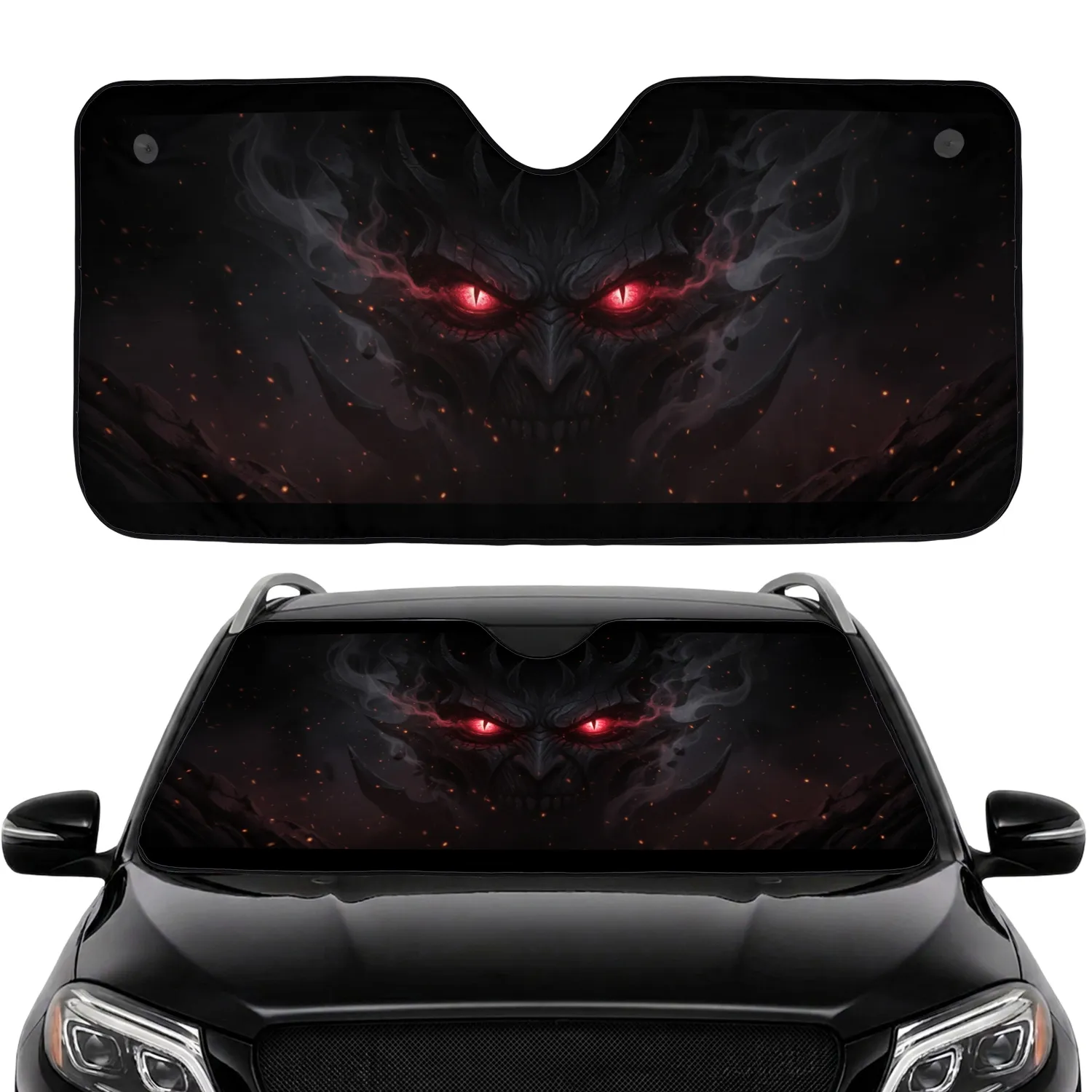 Glowing Red Slit-Pupil Evil Eyes Dark Menacing Face Jagged Shadows Car Interior Upgrade Car Sunshade - 1