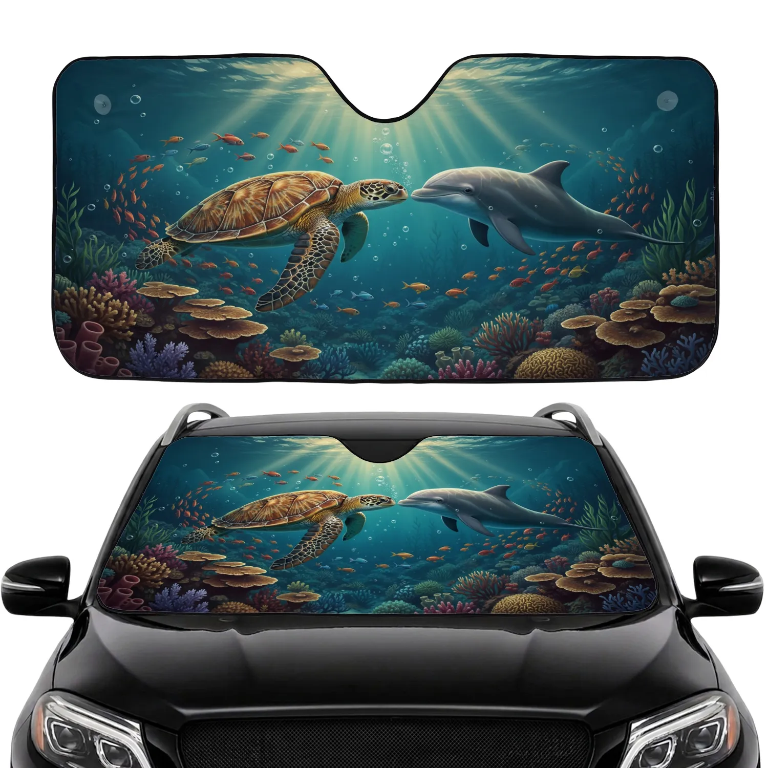 Majestic Sea Turtle Friendly Dolphin Tropical Fish Coral Ocean Reef - Road Trip Gift Car Sunshade - 1