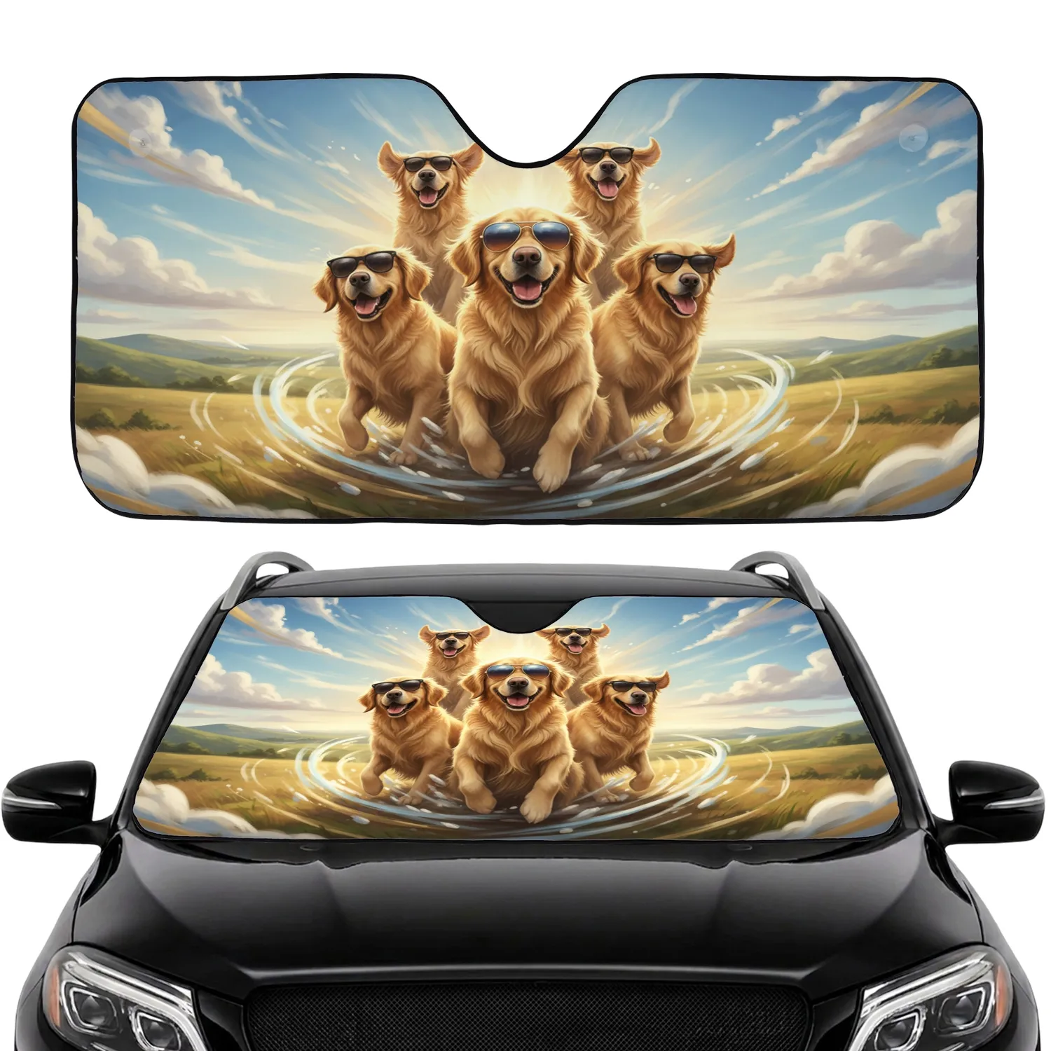 Jubilant Golden Retrievers with Sunglasses - Road Trip Gift for Dog Lover Car Sunshade - 1