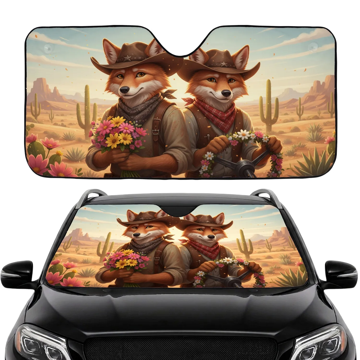 Western Coyotes Wildflower Bouquet & Garland - Road Trip Gift for Coyote Lover Car Sunshade - 1