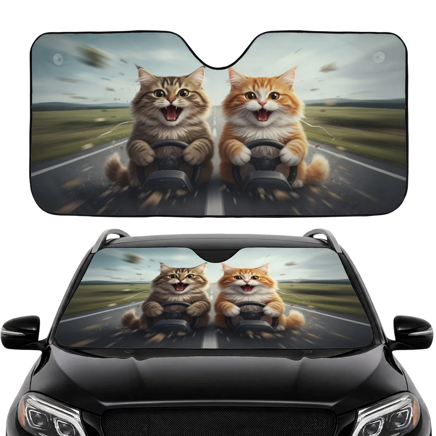Exclamatory Tabby Ginger Cats Driving Wheel - Road Trip Essentials for Cat Lovers Car Sunshade - 1