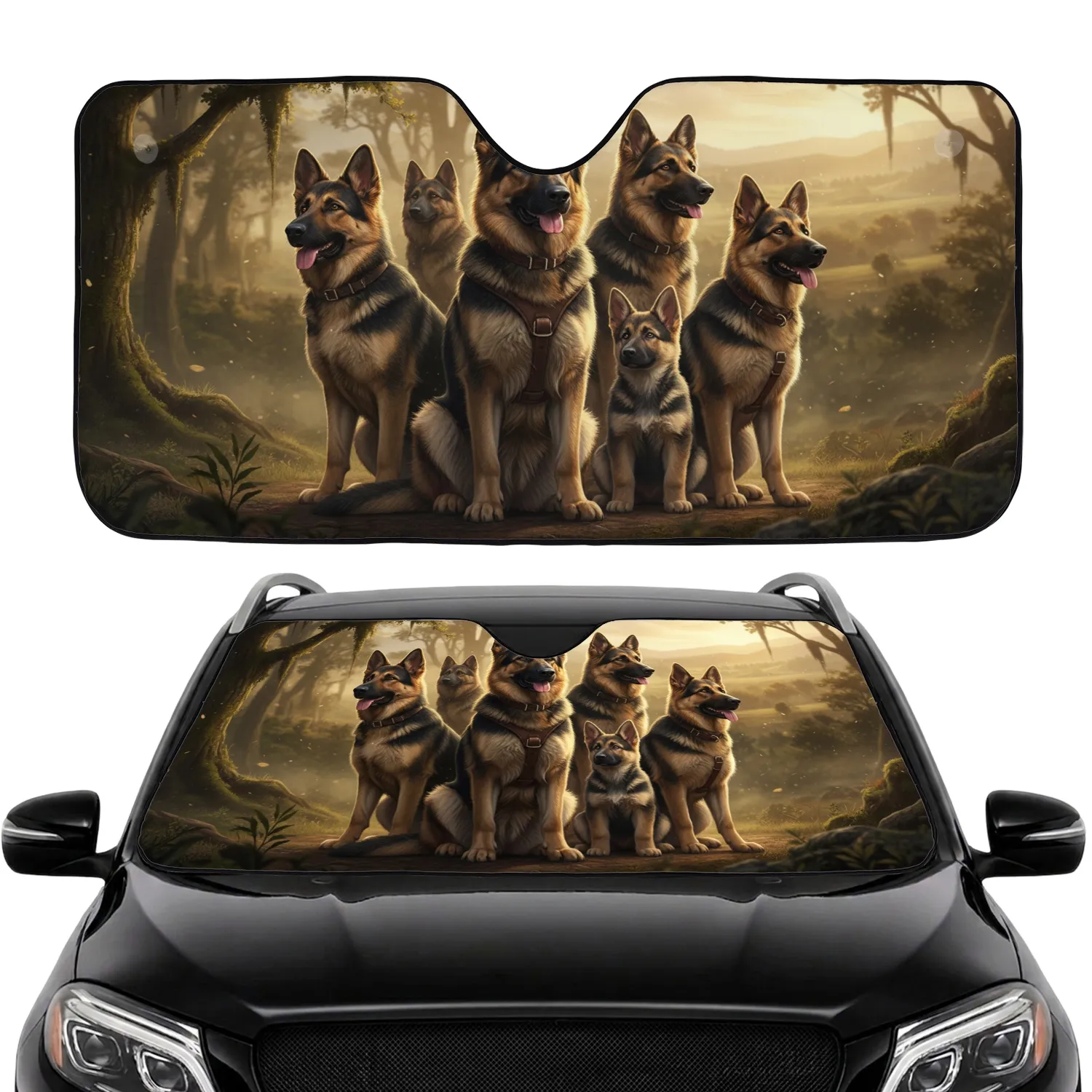 Five German Shepherds Wilderness Golden Hour - Dog Lover Road Trip Gift Car Sunshade - 1