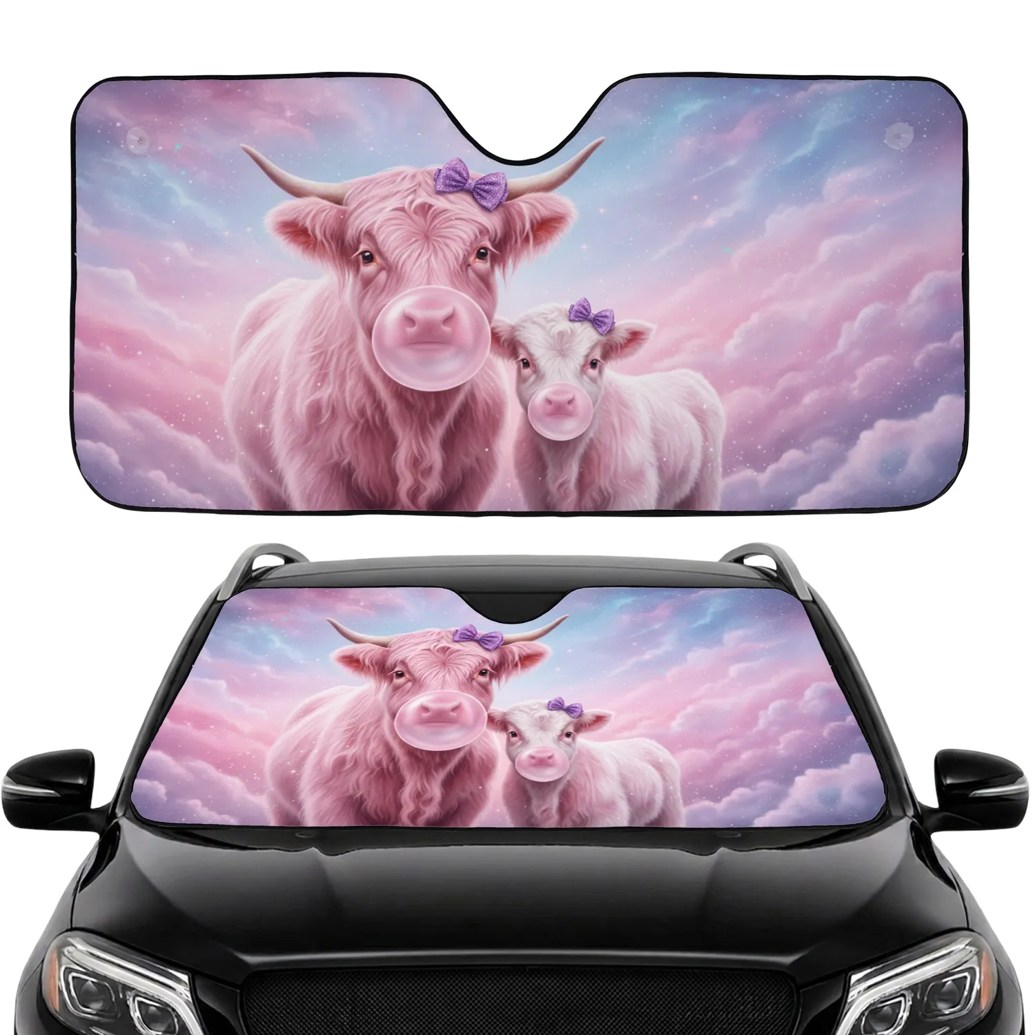 Highland Cow Baby Calf Bubblegum Nebula - Car Interior Upgrade Cow Lover Gift Car Sunshade - 1
