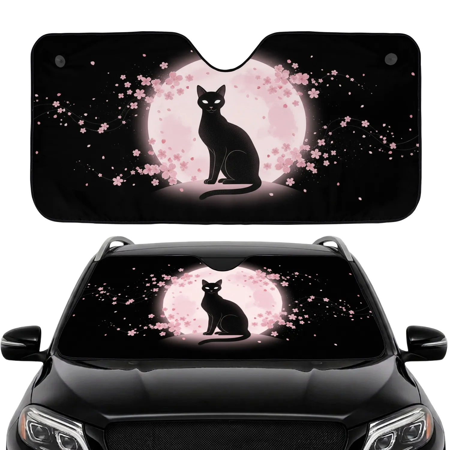 Black Cat Pink Moon Cherry Blossom - Car Interior Upgrade Cat Lover Gift Car Sunshade - 1