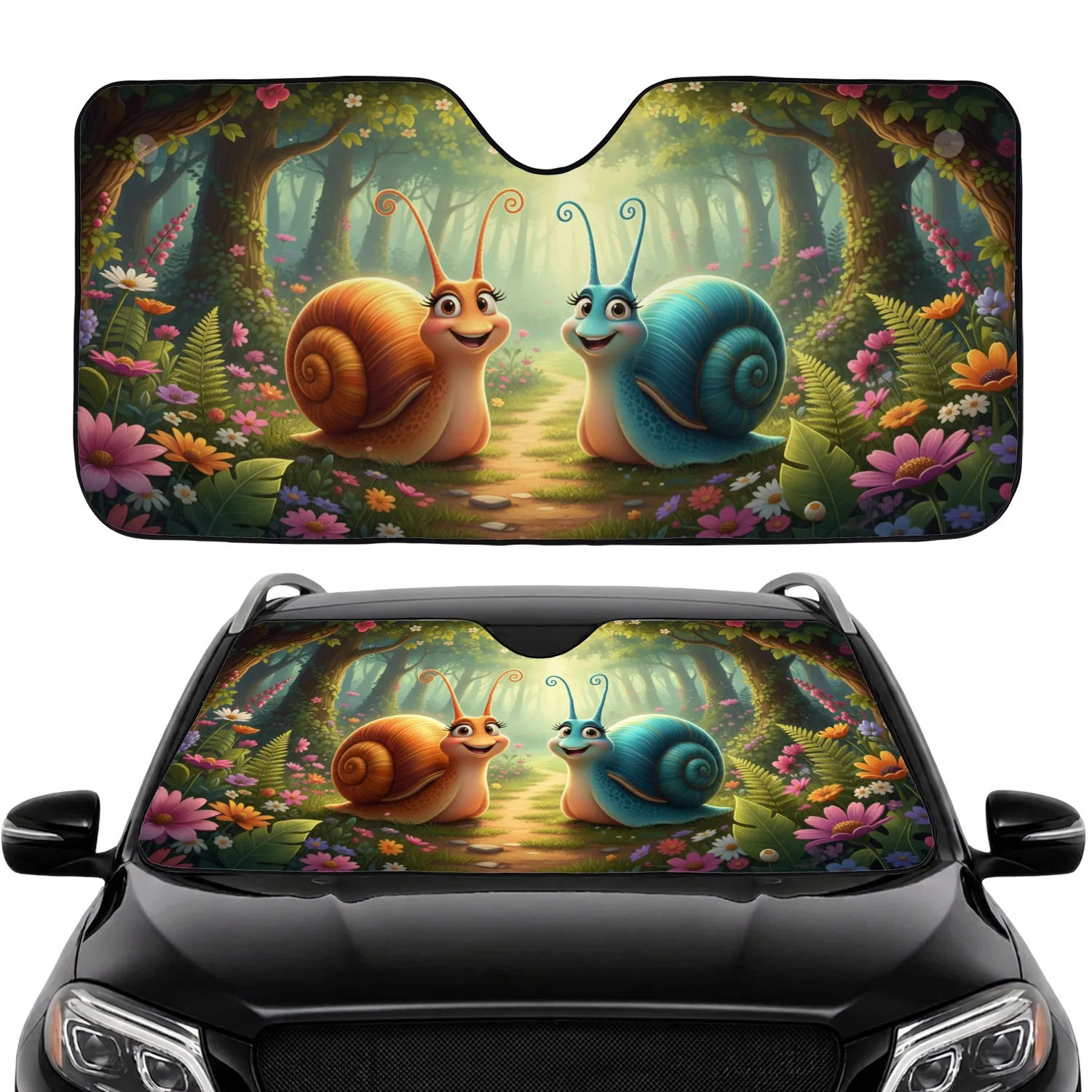 Smiling Swirling Snails Fantastical Forest Wildflowers Car Interior Upgrade Car Sunshade - 1