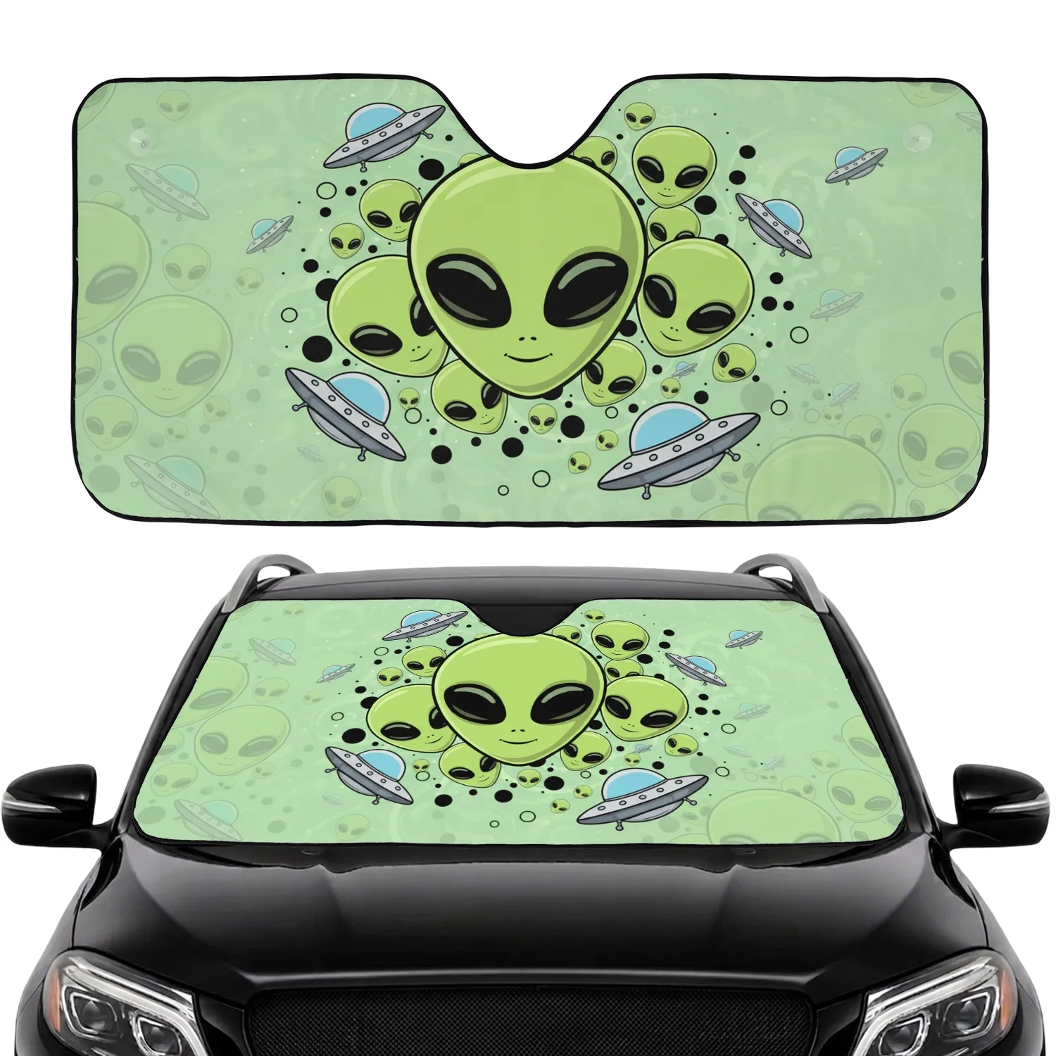 Vibrant Green Alien Heads Flying Saucers Cosmic Field - Commute Accessory Car Sunshade - 1
