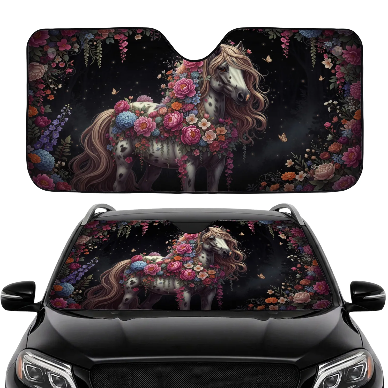Horse Floral Garland Wildflower Forest - Travel Essentials Gift for Horse Lover Car Sunshade - 1