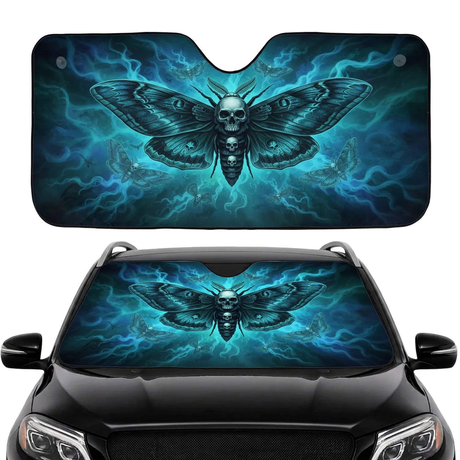 Deaths-head Hawkmoth Skull Blue Smoke Moths - Dark Fantasy Car Interior Upgrade Car Sunshade - 1